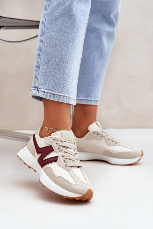 Buty Sportowe Sneakersy Damskie Beżowo-Bordowe Britma