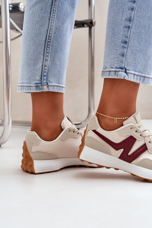 Buty Sportowe Sneakersy Damskie Beżowo-Bordowe Britma