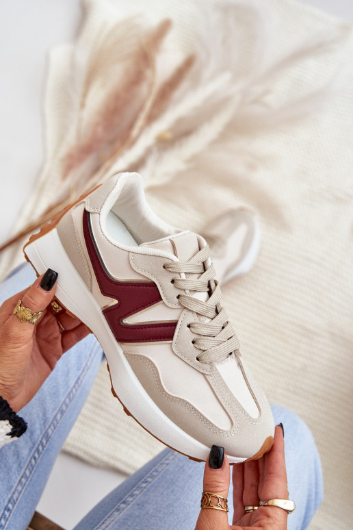 Buty Sportowe Sneakersy Damskie Beżowo-Bordowe Britma
