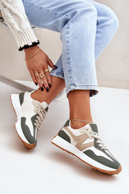 Buty Sportowe Sneakersy Damskie Beżowo-Zielone Britma