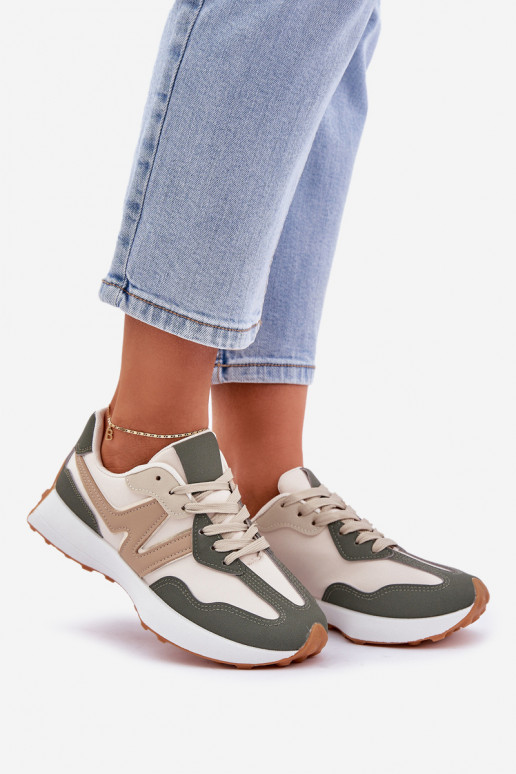 Buty Sportowe Sneakersy Damskie Beżowo-Zielone Britma
