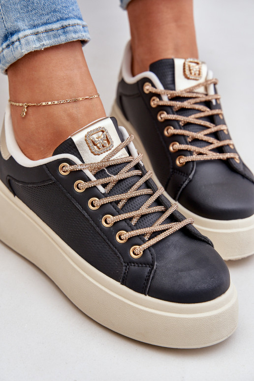 Sneakersy Na Platformie Z Ozdobnymi Sznurówkami Czarne Fonetha