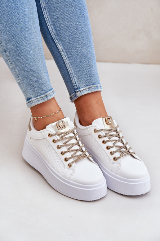 Platform Sneakers With Decorative Laces White-Gold Fonetha Platform Sneakers With Decorative Laces White-Gold Fonetha