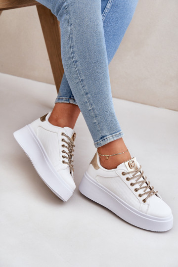 Platform Sneakers With Decorative Laces White-Gold Fonetha 2