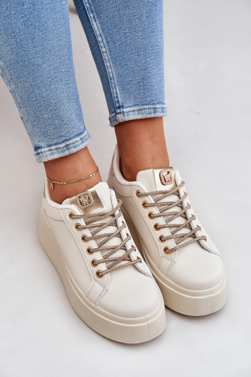 Platform Sneakers With Decorative Laces Beige Fonetha Platform Sneakers With Decorative Laces Beige Fonetha
