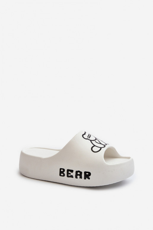 Women's Foam Slides on Chunky Sole with Bear White Lamira Women's Foam Slides on Chunky Sole with Bear White Lamira