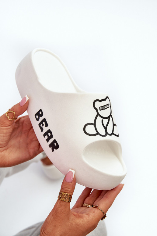 Women's Foam Slides on Chunky Sole with Bear White Lamira Women's Foam Slides on Chunky Sole with Bear White Lamira