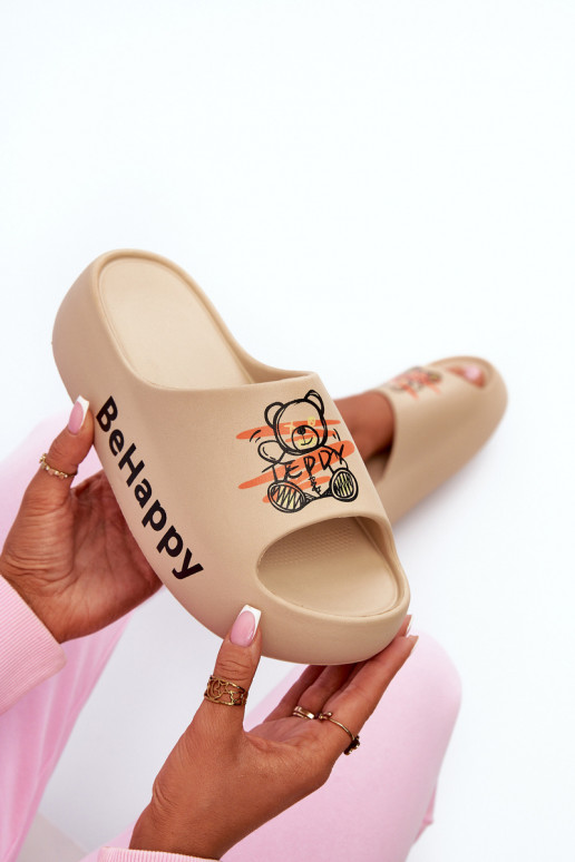 Light Women's Slides On Thick Sole With Plush Bear Dark Beige Serefina