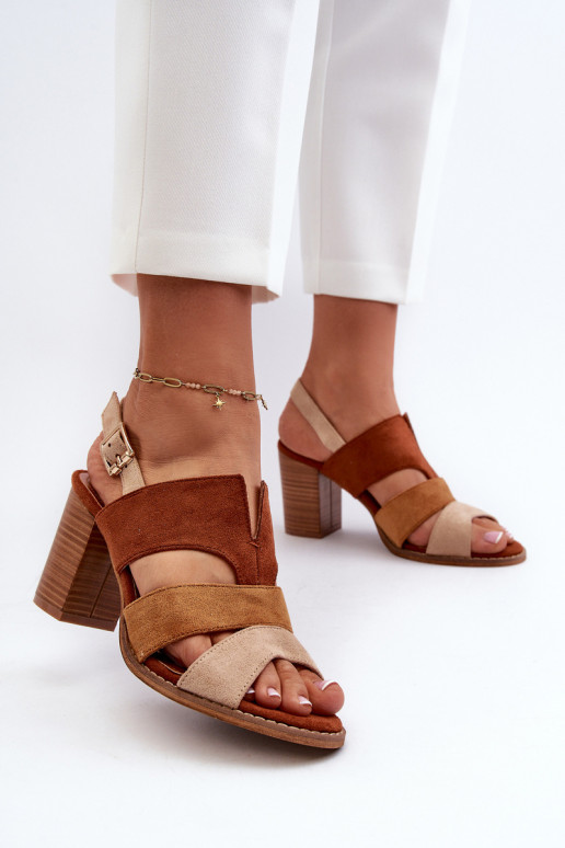 Women's sandals in faux suede on a block heel brown Qutima