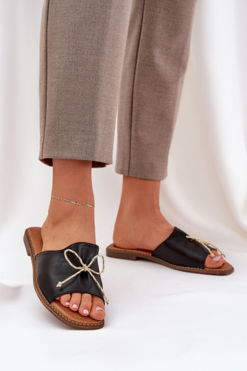 Flat Sole Sandals With Decorative Bow Black Deonelis 2