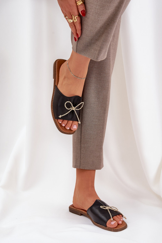 Flat Sole Sandals With Decorative Bow Black Deonelis Flat Sole Sandals With Decorative Bow Black Deonelis