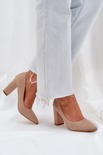 Czółenka Damskie Na Słupku Eko Zamszowe Ciemnobeżowe Florena