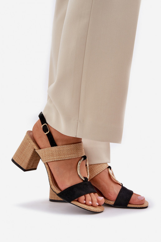 Block Heel Sandals Black-Beige Afleeria