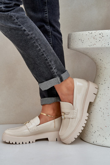 Lacquered Women's Moccasins With Teddy Bear Beige Wulinea 2