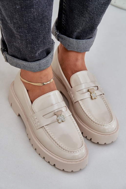 Lacquered Women's Moccasins With Teddy Bear Beige Wulinea