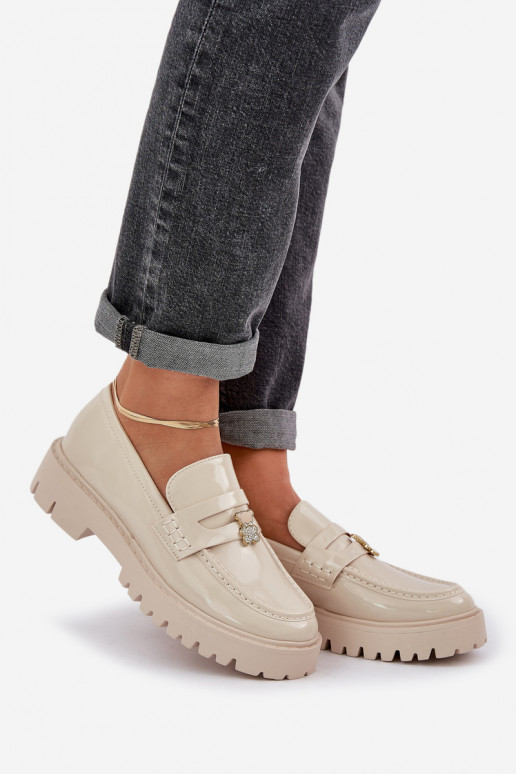 Lacquered Women's Moccasins With Teddy Bear Beige Wulinea