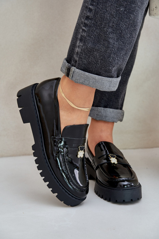 Lacquered Women's Moccasins With Teddy Bear Black Wulinea