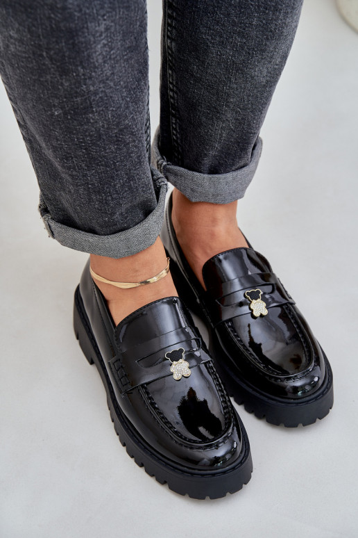 Lacquered Women's Moccasins With Teddy Bear Black Wulinea