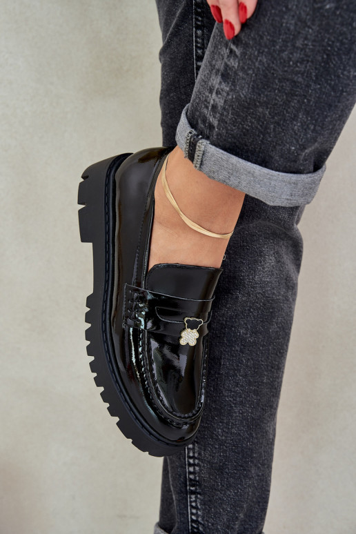 Lacquered Women's Moccasins With Teddy Bear Black Wulinea