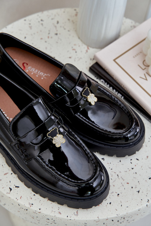 Lacquered Women's Moccasins With Teddy Bear Black Wulinea