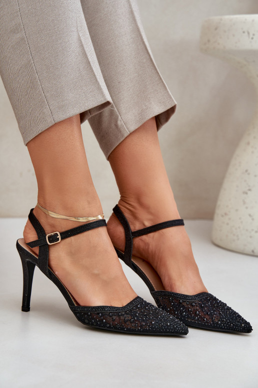 Zdobione Szpilki Z Odkrytą Piętą Czarne Nanadra