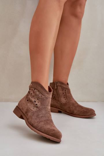 Ażurowe Botki Damskie Na Płaskim Obcasie S.Barski HY51-113 Brązowe