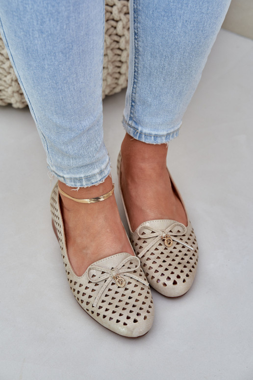 Perforated Ballet Flats With Bow Eco Leather Golden Relabra