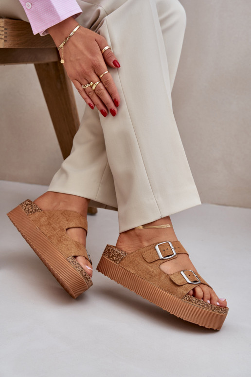 Womens sandals on a massive platform with buckles Camel Aramia