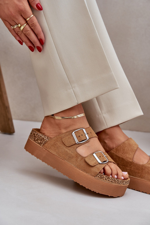 Womens sandals on a massive platform with buckles Camel Aramia