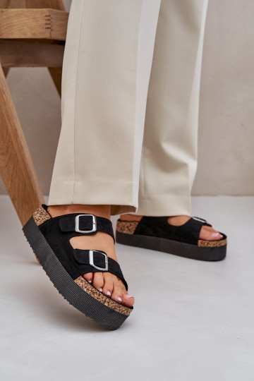 Women's sandals on a massive platform with buckles black Aramia