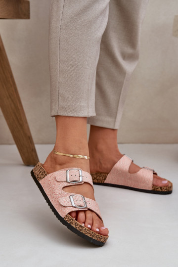 Fabric Slippers On Cork Sole With Buckles Pink Atera 2