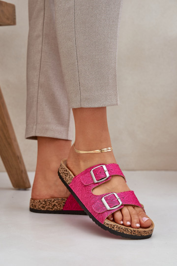 Fabric sandals on cork sole with buckles fuchsia Atera 2
