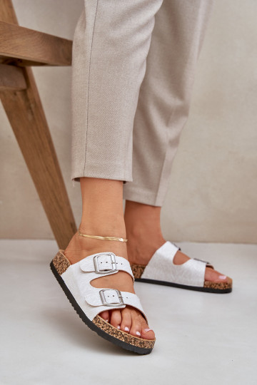 Fabric sandals on cork sole with buckles light gray Atera 2