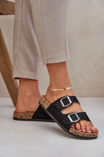 Fabric Slippers On Cork Sole With Buckles Black Atera 2