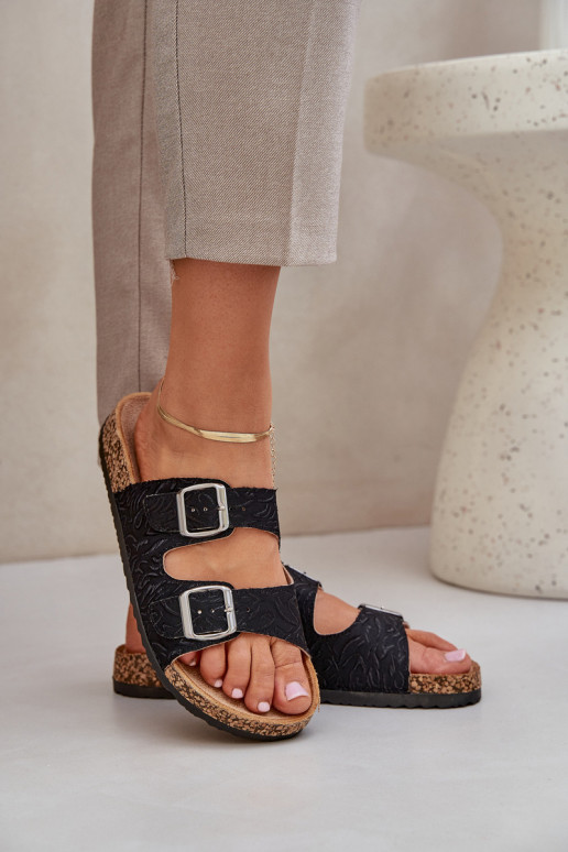 Fabric Slippers On Cork Sole With Buckles Black Atera Fabric Slippers On Cork Sole With Buckles Black Atera