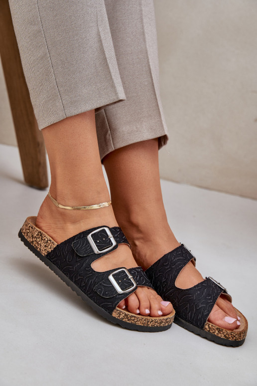 Fabric Slippers On Cork Sole With Buckles Black Atera Fabric Slippers On Cork Sole With Buckles Black Atera