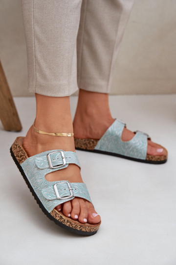 Fabric slippers on cork sole with buckles mint Atera 2
