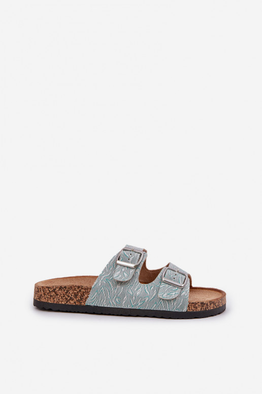 Fabric slippers on cork sole with buckles mint Atera