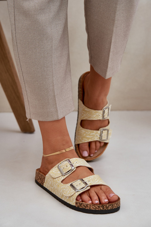 Fabric Slippers On Cork Sole With Buckles Yellow Atera Fabric Slippers On Cork Sole With Buckles Yellow Atera