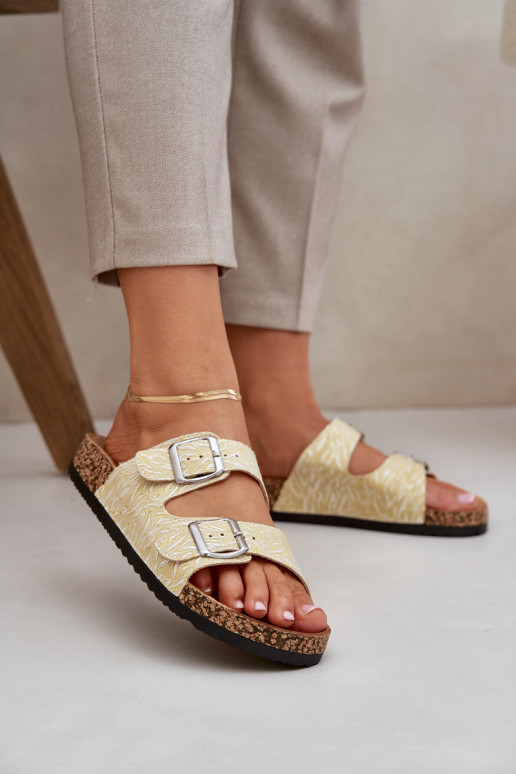 Fabric Slippers On Cork Sole With Buckles Yellow Atera Fabric Slippers On Cork Sole With Buckles Yellow Atera