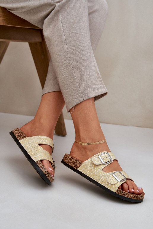 Fabric Slippers On Cork Sole With Buckles Yellow Atera Fabric Slippers On Cork Sole With Buckles Yellow Atera