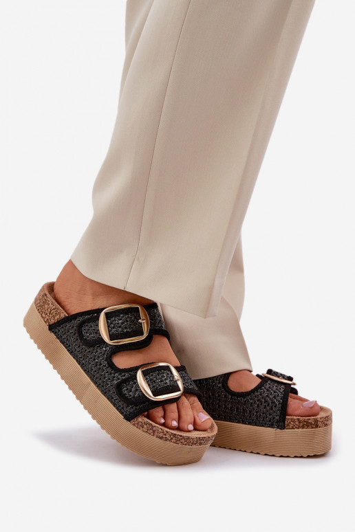 Klapki Z Plecionką I Klamrami Na Masywnej Platformie Czarne Aralissea