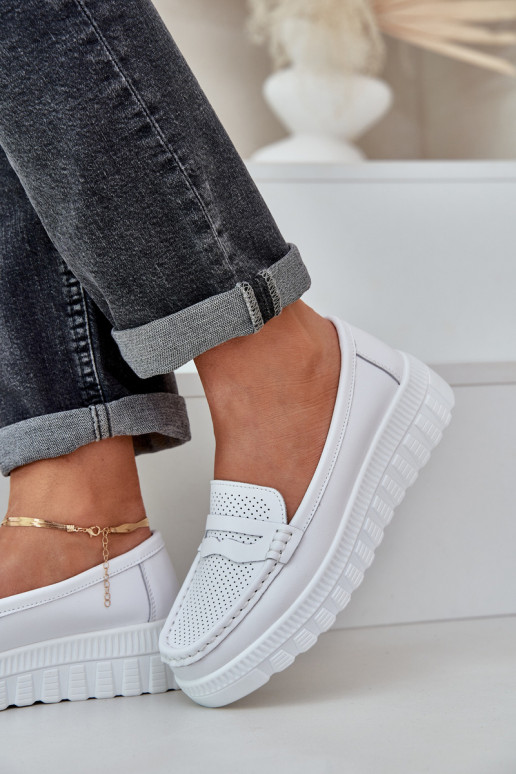 Skórzane Mokasyny Damskie Na Platformie I Koturnie Białe Elanindel