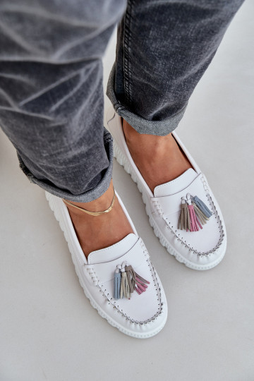 Leather Women's Moccasins With Fringes On Platform And Wedge White Eleazetta 2
