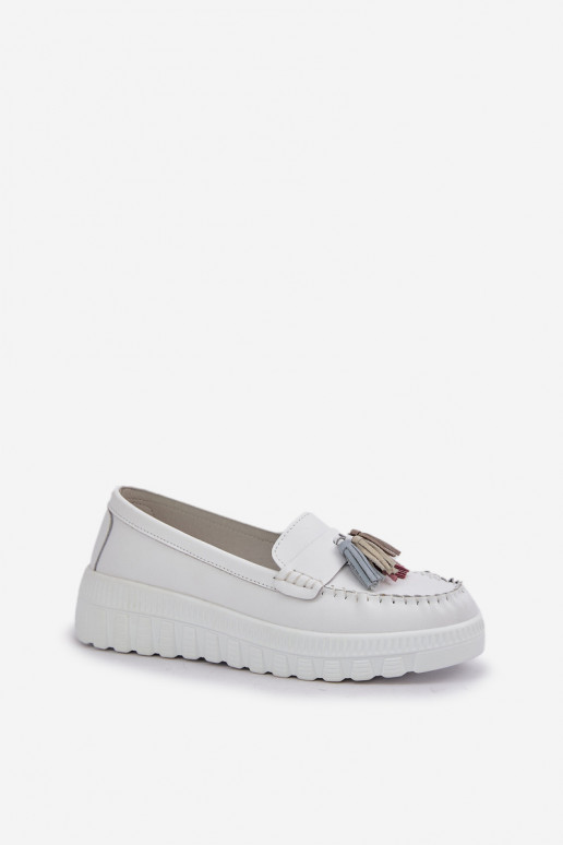 Leather Women's Moccasins With Fringes On Platform And Wedge White Eleazetta