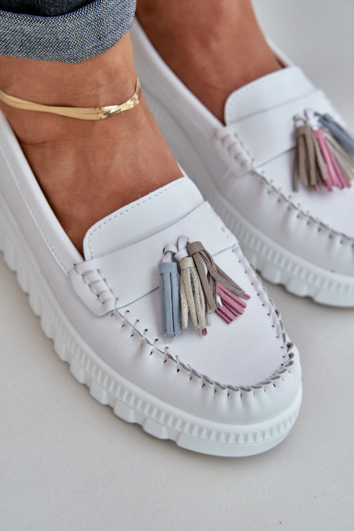 Leather Women's Moccasins With Fringes On Platform And Wedge White Eleazetta