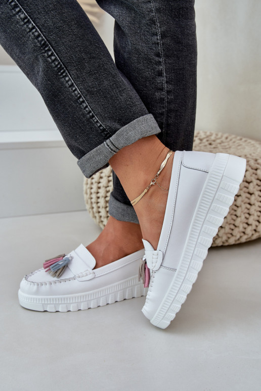 Leather Women's Moccasins With Fringes On Platform And Wedge White Eleazetta