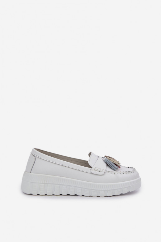 Leather Women's Moccasins With Fringes On Platform And Wedge White Eleazetta