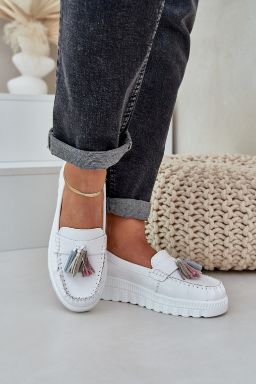 Leather Women's Moccasins With Fringes On Platform And Wedge White Eleazetta