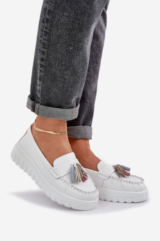 Leather Women's Moccasins With Fringes On Platform And Wedge White Eleazetta